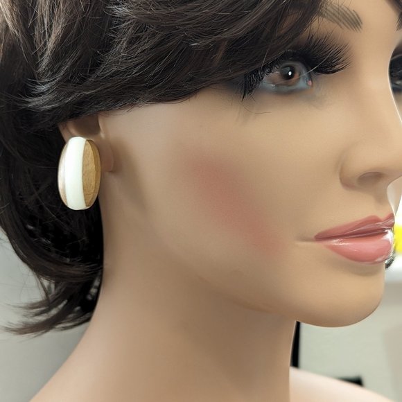 Vintage Wooden Pierced Earrings Fabulous 1970's Post Geometric One is Bone-Wood - Picture 5 of 7